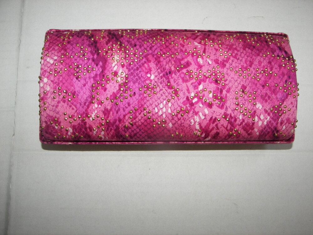 St.John women's fuchsia beaded hardshell evening clutch gold link chain dustbag